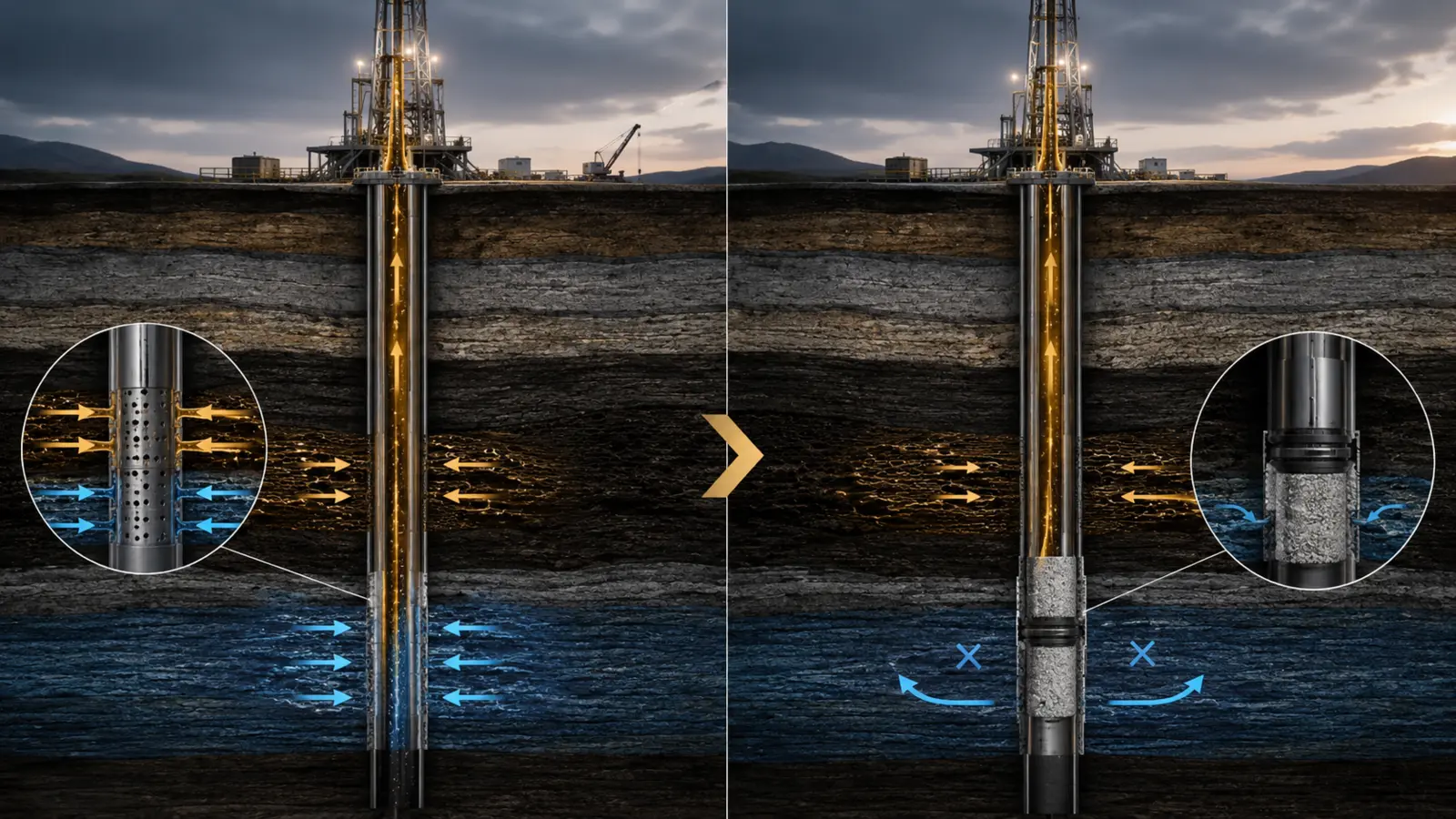 Water shut-off treatment concept showing unwanted water flow before and after isolation