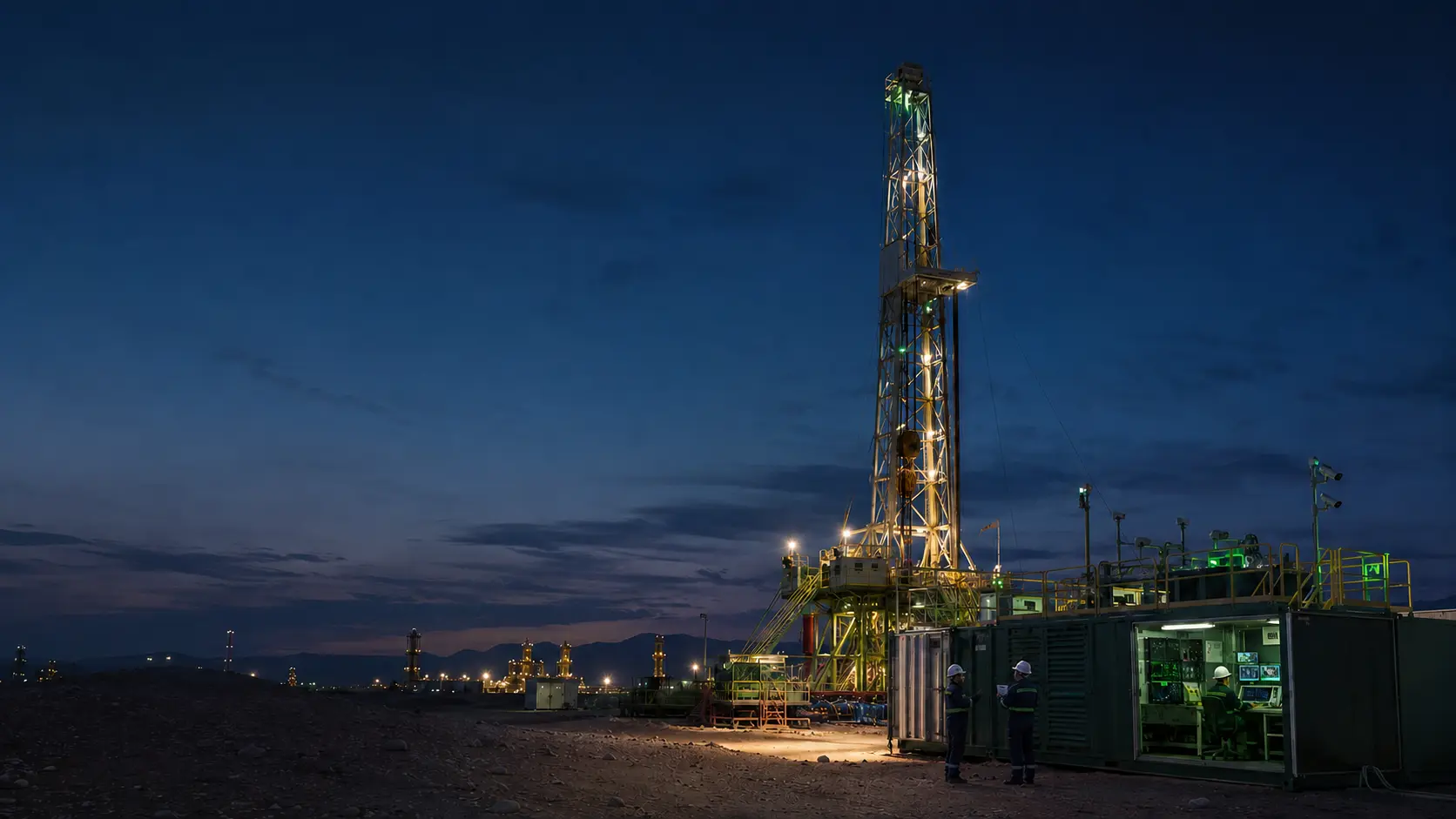 Modern drilling operations at blue hour